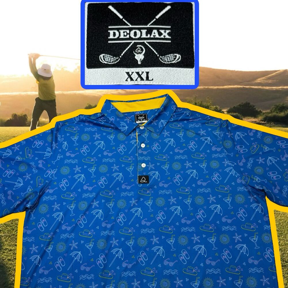 Deolax Blue Golf Polo Shirt Size 2XL Beach Graphics Umbrella Sun